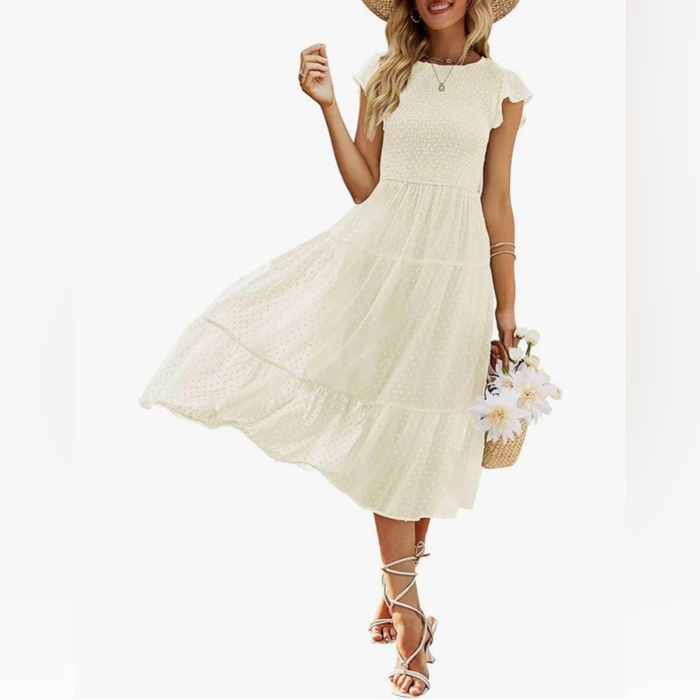Women's Short Sleeve Smocked Midi Dress Cream/Beige